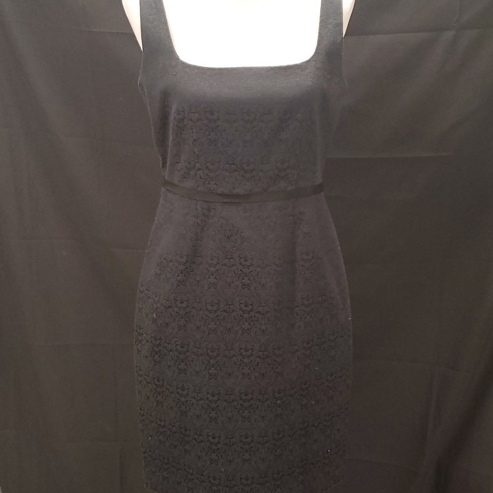 Tahari Black Damask Print Midi Dresz SZ 10